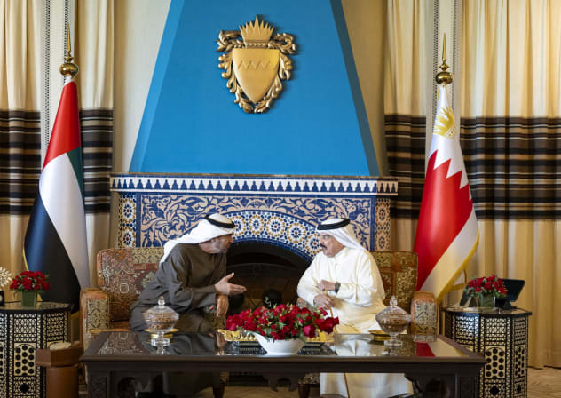 Sheikh Mohamed bin Zayed Al Nahyan, President of the United Arab Emirates, meets with King of Bahrain, Hamad bin Isa Al Khalifa, in Bahrain, in this undated handout image.