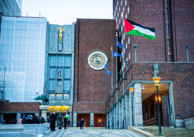 The Palestinian flag was raised in the courtyard outside Oslo City Hall on Wednesday morning in Oslo, Norway, November 29, 2023.