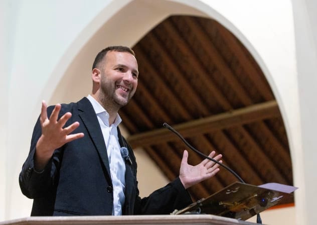 Green Party leader Zack Polanski gives a speech to party supporters at the Church of Saint John the Evangelist on May 2, 2026 in Cardiff, Wales.