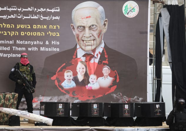 HAMAS HANDS over slain hostages Oded Lifschitz, Shiri Bibas, and her children, Kfir and Ariel, in Khan Younis. Feb. 20, 2025.