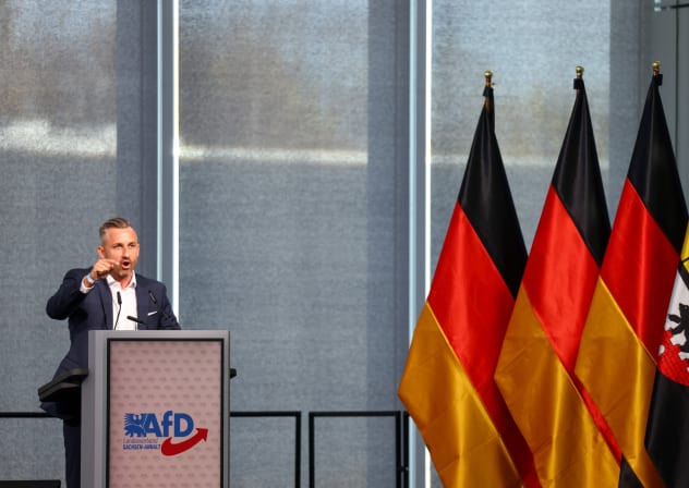 Ulrich Siegmund, top candidate of the far-right Alternative for Germany (AfD) party in Germany's Saxony-Anhalt state election, speaks at a party convention in Magdeburg, Germany, April 11, 2026.