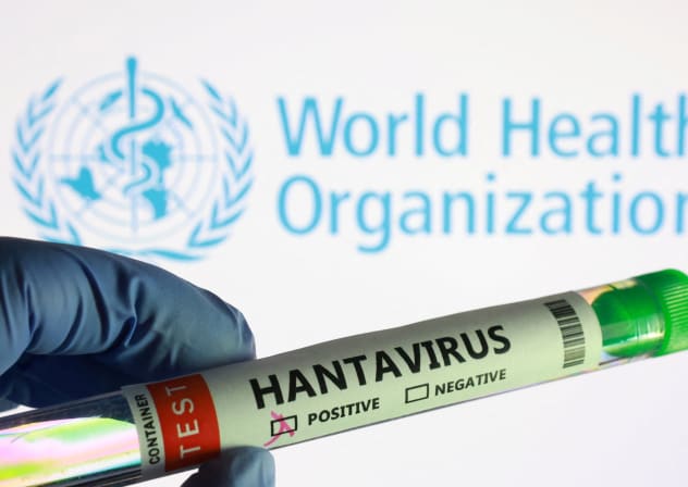 A test tube labelled "Hantavirus positive" label and World Health Organization logo are seen in this illustration taken May 7, 2026.