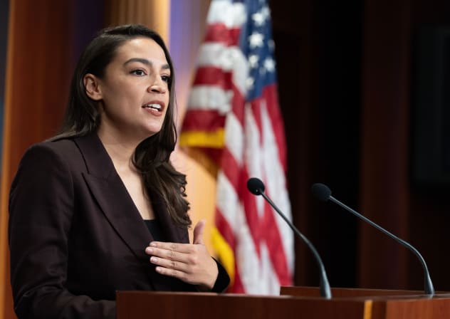 Rep. Alexandria Ocasio-Cortez (D-NY) speaks at a press conference to announce the Artificial Intelligence Data Center Moratorium Act at the US Capitol on March 25, 2026 in Washington, DC.