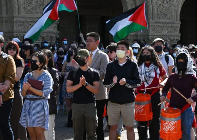Students and pro-Palestinian protesters gather at Stanford University to protest Israeli attacks on Gaza, April 22, 2024