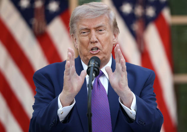 U.S. President Donald Trump delivers remarks at a 'Rose Garden Club' dinner for National Police Week in the Rose Garden at the White House on May 11, 2026 in Washington, DC.