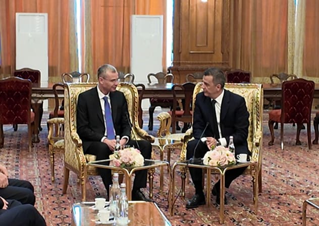Israel's Justice Minister Yariv Levin speaks with Romanian Chamber Speaker Sorin Grindeanu on May 13, 2026.