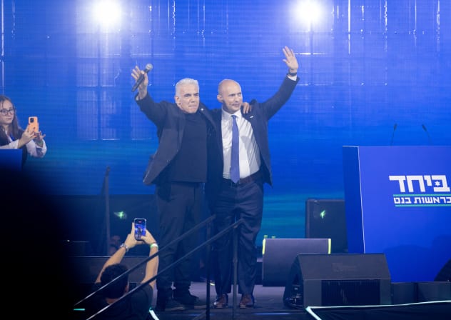 OPPOSITION LEADER Yair Lapid and former Prime Minister Naftali Bennett attend an election event for the joint list “Together” ahead of the upcoming elections, in Tel Aviv, central Israel, May 12, 2026.