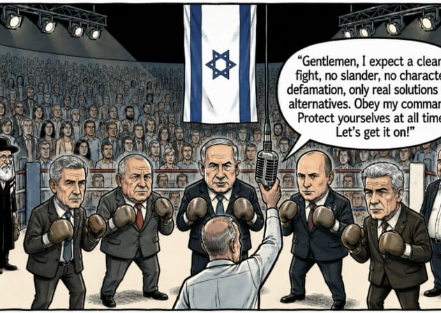 AN AI-GENERATED cartoon illustration depicting Israeli political leaders in a boxing ring, ready to contest the elections. Figures representing the haredim and Israeli Arabs are on the sides, reflecting the author’s belief that they do not follow the consensus regarding support for the state.