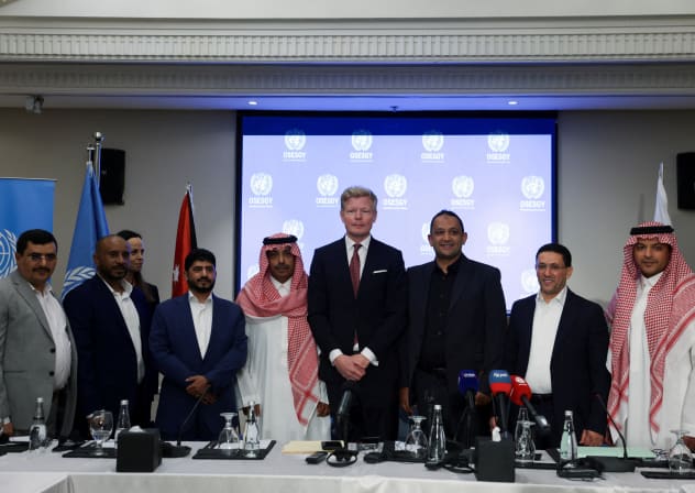Hans Grundberg, UN Special Envoy for Yemen, poses for a photo as members of the Supervisory Committee on the Detainees Release Agreement attend the closing ceremony of a meeting between the Yemeni government and the Houthi group, in Amman, Jordan, May 14, 2026.