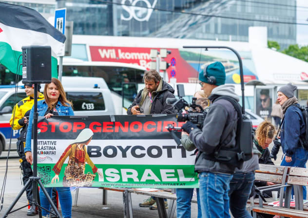 Pro-Palestinian groups protest in Vienna's city center against Israel's participation in the 70th Eurovision Song Contest.