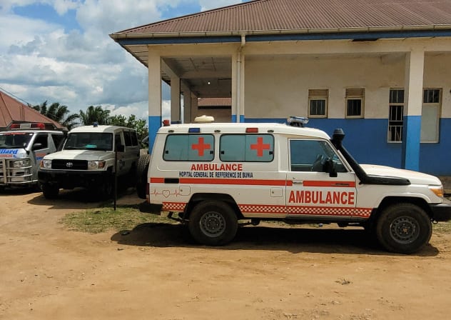Ambulances parked at Bunia General Referral Hospital following confirmation of an Ebola outbreak involving the Bundibugyo strain in Bunia, Ituri province, Democratic Republic of Congo, May 16, 2026.