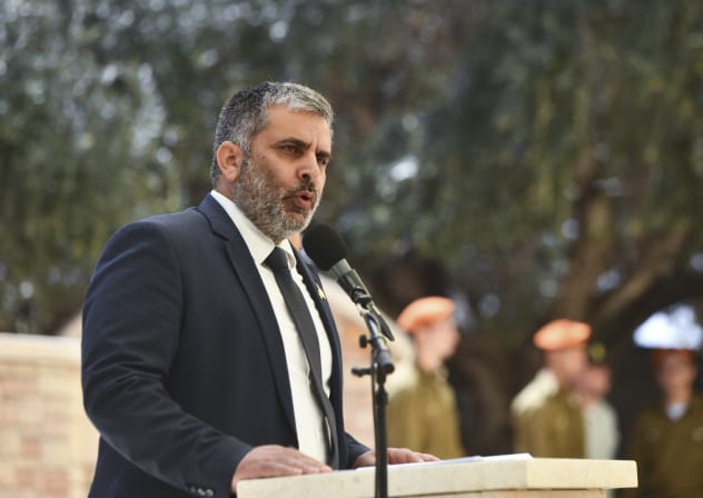 Aliyah and Integration Minister Ofir Sofer speaks during a Memorial Day ceremony commemorating fallen Israeli soldiers and victims of terror at Kiryat Shaul Military Cemetery in Tel Aviv, April 21, 2026.