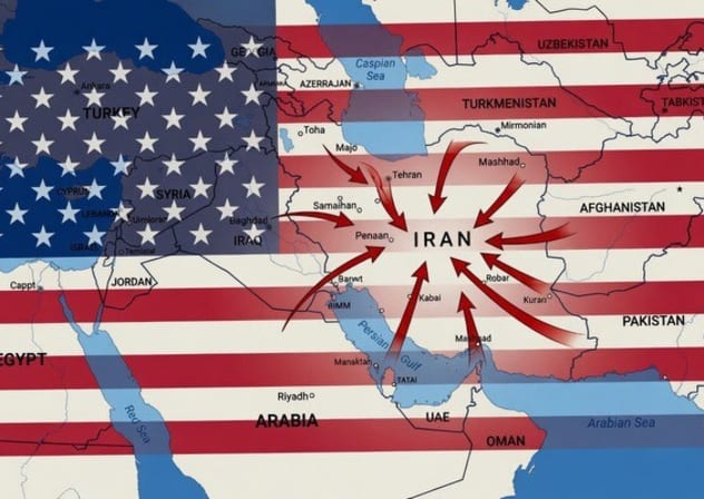The fag of the United States superimposed on a map of the Middle East, centered on Iran, May 18, 2026.