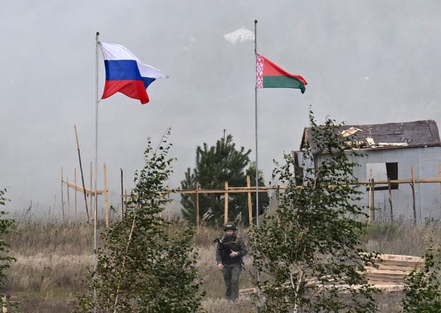 A serviceman takes part in the "Zapad-2025" (West-2025) joint Russian-Belarusian military drills at a training ground near the town of Borisov, east of the capital Minsk, on September 15, 2025.