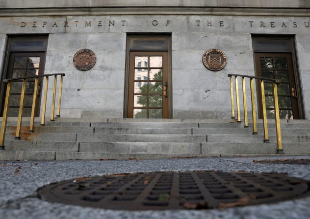 Signage is seen at the United States Department of the Treasury headquarters in Washington, DC, US, August 29, 2020.