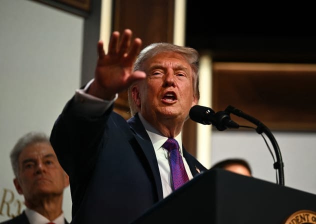 US President Donald Trump takes questions from the press during a healthcare affordability event in the South Court Auditorium of The White House in Washington, DC, on May 18, 2026.