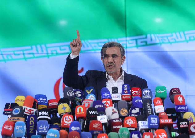 MAHMOUD AHMADINEJAD former president of Iran, speaks at a press conference after registering as a candidate for the presidential election at the Interior Ministry, in Tehran, Iran June 2, 2024.
