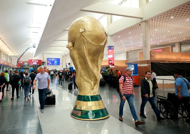 A sculpture of The FIFA World Cup 2026 Adidas Trionda official match ball at Benito Juarez International Airport in Mexico City, Mexico. Mexico City will host the FIFA World Cup 2026, which kicks off on June 11. 