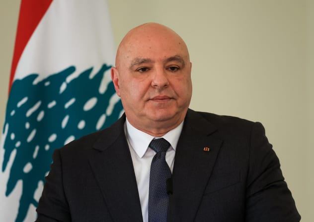 LEBANESE PRESIDENT Joseph Aoun is seen attending a press conference in Baabda, in 2026.