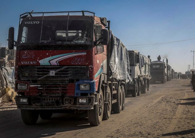 Humanitarian aid enters Gaza through the Rafah border crossing from Egypt, in Khan Yunis in the southern Gaza Strip, on March 16, 2026. 