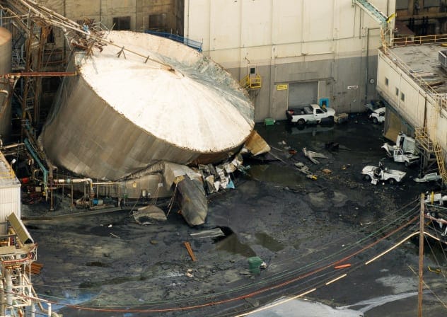 A drone view of a chemical tank after its rupture at the Nippon Dynawave Packaging pulp and paper mill in Longview, Washington, U.S., May 26, 2026.