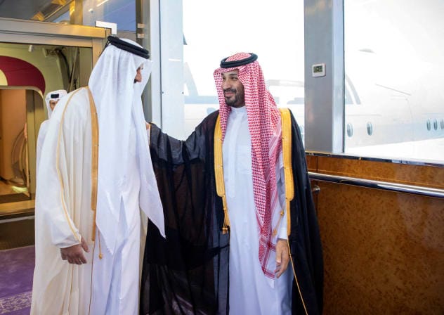 Saudi Crown Prince Mohammed bin Salman receives The Emir of Qatar, Sheikh Tamim bin Hamad Al Thani ahead of an exceptional meeting of the Gulf Cooperation Council (GCC), the first in-person meeting of Gulf leaders since their states became a front in the Iran war, in Saudi Arabia, April 28, 2026.