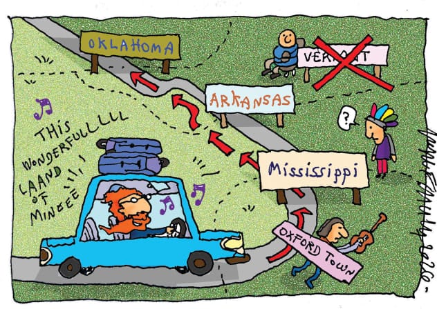 Illustration of a road trip in the United States.