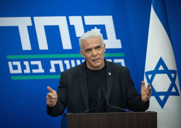 Opposition leader Yair Lapid at a party press conference in the Knesset, Monday, June 1, 2026.