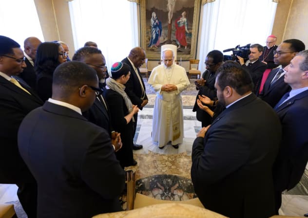 A delegation of Chicago faith leaders meet with Pope Leo XIV on May 28, 2026.