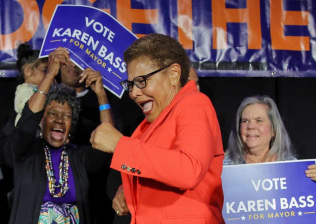Los Angeles Mayor Karen Bass dances near supporters while attending her election night watch party as she runs for reelection in the Los Angeles mayoral race during the California primary election in Los Angeles, June 2, 2026.