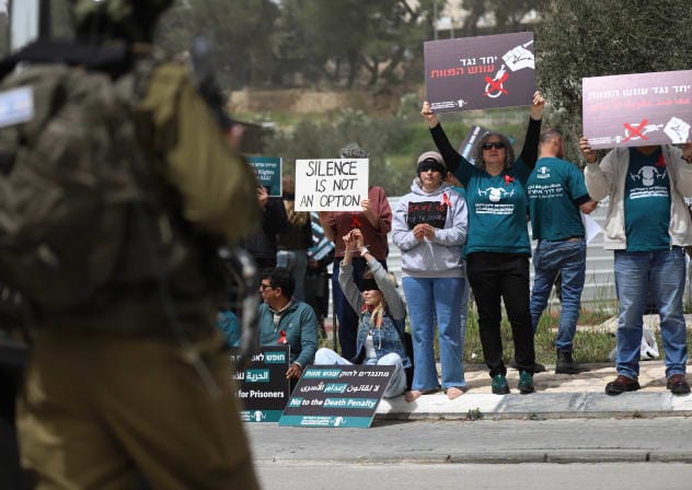 Jews and Palestinians protest against a law passed by the Knesset imposing the death penalty for terrorists who murder Israeli civilians in the West Bank in Beit Jala, on April 3, 2026.