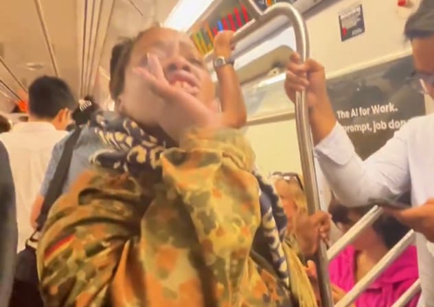 A SCREENSHOT from a video showing a woman shouting and attacking a Jewish woman on the New York subway.