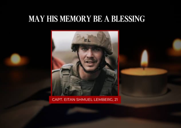 CAPTAIN EITAN Shmuel Lemberg, 21, from Mishmar HaShiv'a, killed in southern Lebanon, June 4, 2026.