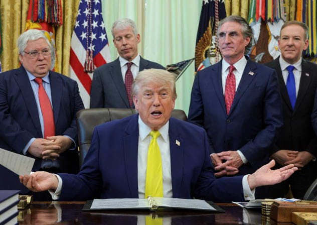 US President Donald Trump delivers remarks to reporters about his administration's support for coal energy, flanked by West Virginia Governor Patrick Morrisey, Secretary of Energy Chris Wright, Interior Secretary Doug Burgum and EPA Administrator Lee Zeldin in Washington, DC, US, June 4, 2026.