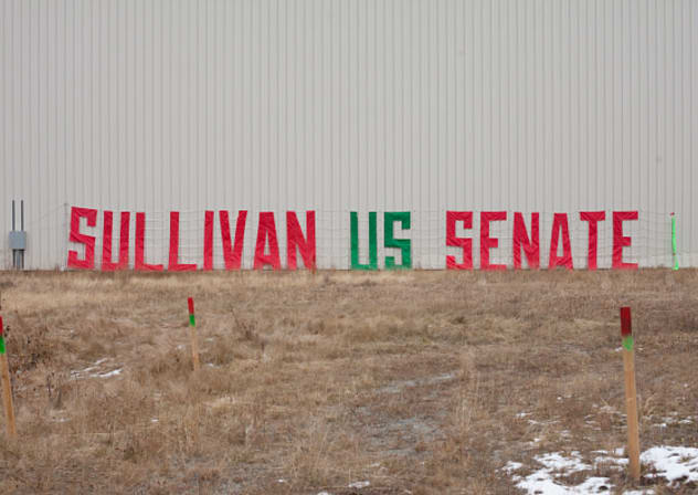 A sign for Republican Senate candidate Dan Sullivan is pictured outside of a PenAir airplane hangar where a campaign rally for the candidate was held on November 3, 2014 in Anchorage, Alaska.