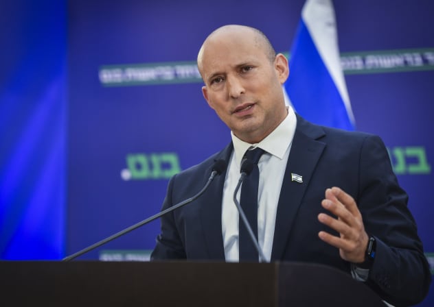 Chairman of the “Together” party and former Prime Minister Naftali Bennett speaks during a press conference in Tel Aviv, June 15, 2026. 