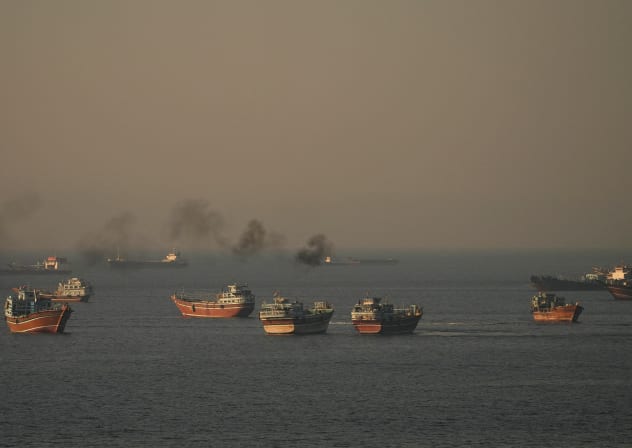 Vessels at the Strait of Hormuz, as seen from Musandam, Oman, June 15, 2026. 