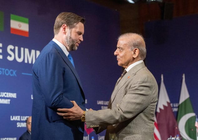 US Vice-President JD Vance and Prime Minister of Pakistan Shehbaz Sharif at the Lake Lucerne Summit at the Buergenstock resort in Obbuergen, near Lucerne, Switzerland, Sunday, June 21, 2026.