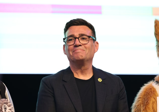 Greater Manchester Mayor Andy Burnham of the Labour Party reacts after being declared the winner in the by-election at The Edge where votes were being counted on June 19, 2026 in Wigan, England.