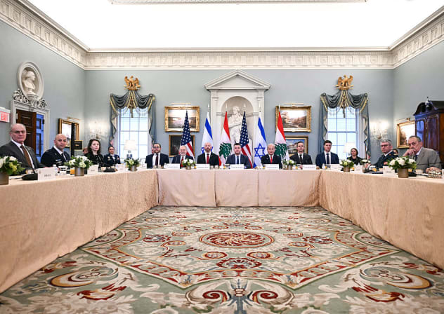 YECHIEL LEITER (far L), Israeli Ambassador to the US, and Nada Hamadeh (far R), Lebanese Ambassador to the US, attend a meeting hosted by the United States at the State Department in Washington, DC, on June 2, 2026.