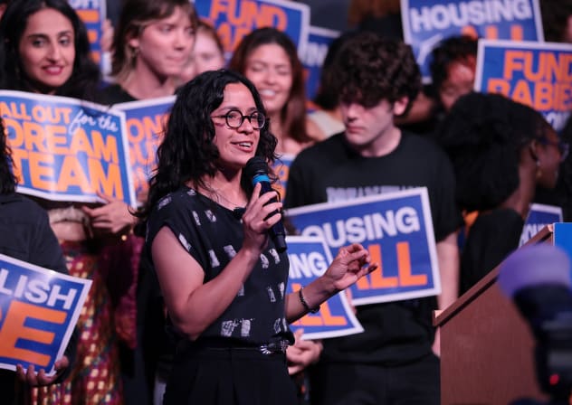 Democratic Congressional candidate Claire Valdez speaks during an election eve rally at Silo on June 22, 2026 in the East Williamsburg neighborhood of Brooklyn.