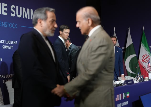 STANSSTAD, SWITZERLAND - JUNE 21: U.S. Vice President JD Vance (R) looks on next to U.S. President Donald Trump's son-in-law Jared Kushner, as Iran's Foreign Minister Abbas Araqchi (L) shakes hands with Pakistan's Prime Minister Shehbaz Sharif. June 21, 2026
