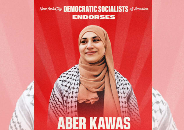 New York City Democratic Socialists of America's endorsement of Palestinian-American Aber Kawas for NY's State Senate; illustrative.