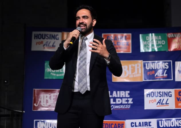New York City Mayor Zohran Mamdani speaks during a primary-night watch party for NYC Congressional candidate Claire Valdez at 99 Scott Studio on June 23, 2026 in the East Williamsburg neighborhood of the Brooklyn borough in New York City. 