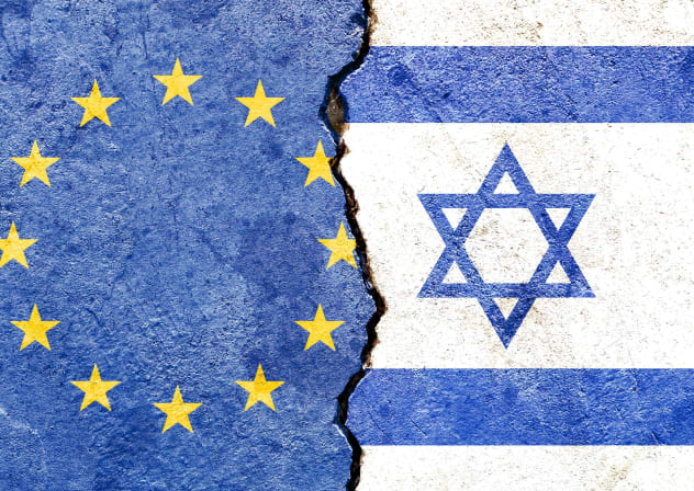 An illustrative image of Israeli and the European Union flags with a division between them.
