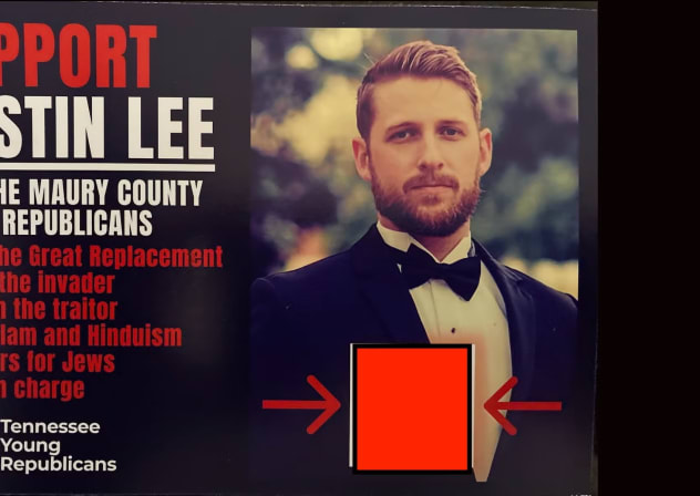 A mailer reading "No wars for Jews," among other messages, was sent to thousands of Tennessee households in June 2026 bearing the name of a local Young Republicans chapter. JTA has removed the QR code.