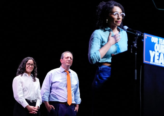 Brad Lander, candidate for New York’s 10th Congressional District, Congressional candidate Claire Valdez and Congressional candidate Darializa Avila Chevalier attend the Get Out the Vote rally in Brooklyn, New York, U.S., June 18, 2026.