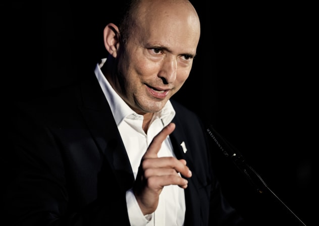 Chairman of the Yashar Party and former Prime Minister Naftali Bennett speaks during a press conference in the southern Israeli city of Ofakim, June 23, 2026.