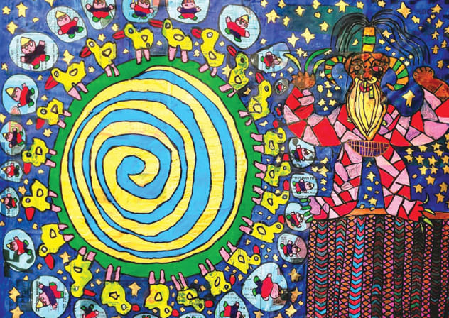 Many pictures combine abstract designs with more conventional figures.