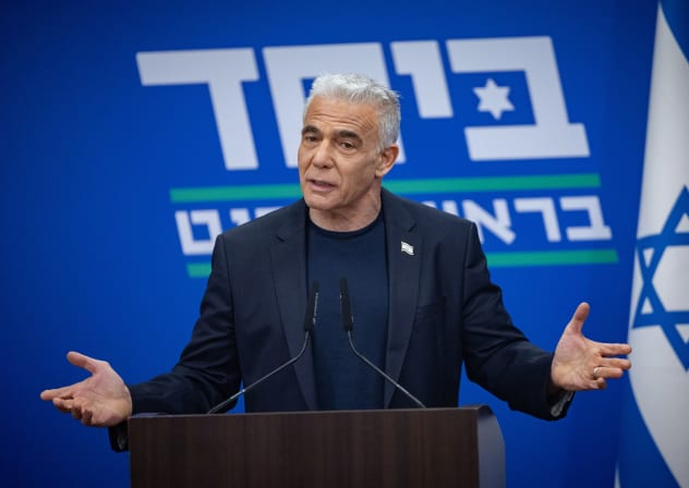 Head of opposition and head of the Yesh Atid party MK Yair Lapid leads a faction meeting at the Knesset, the Israeli parliament in Jerusalem, on July 6, 2026.